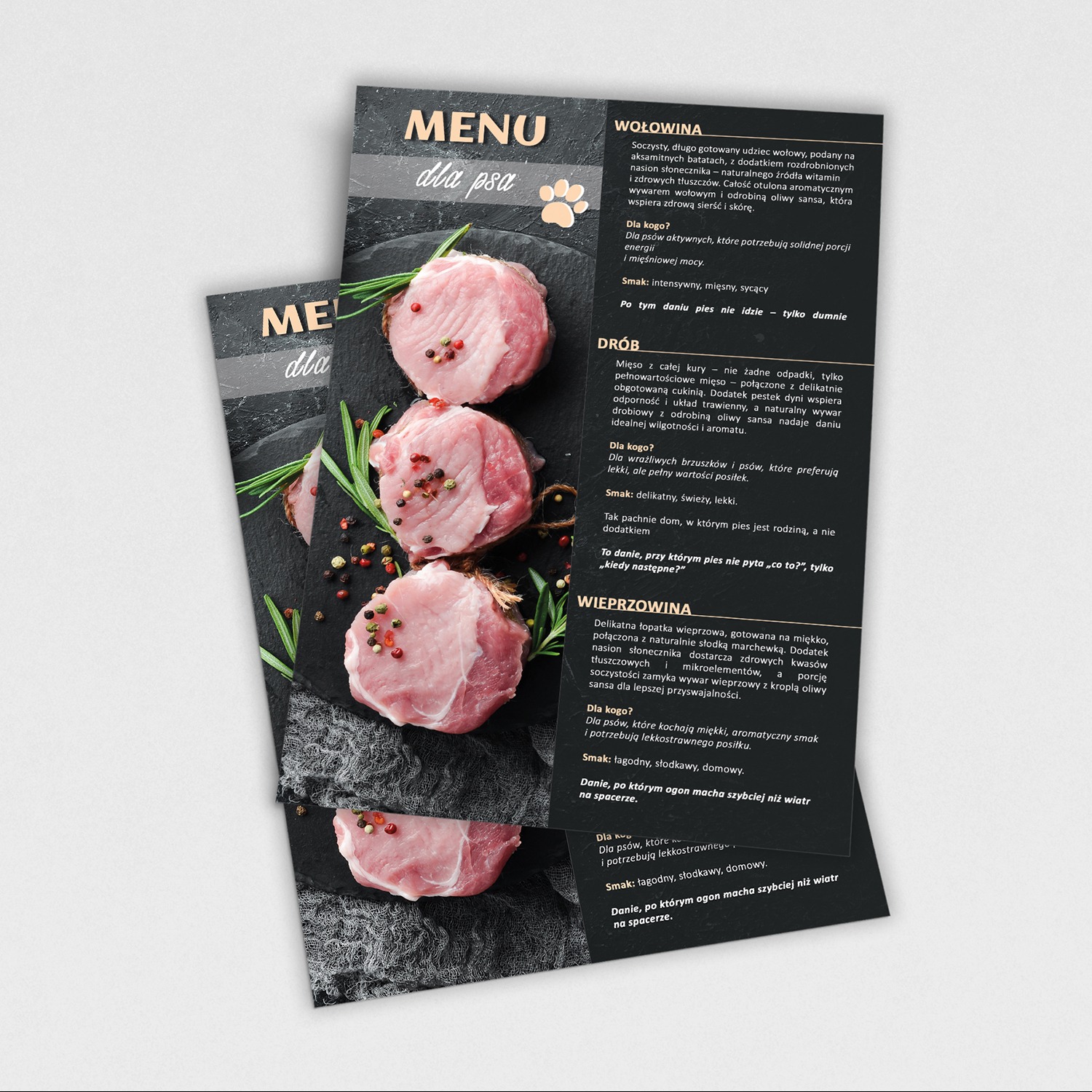 Menu dla psa: dwa arkusze z opisami dań z wołowiny, drobiu i wieprzowiny, ozdobione surowym mięsem i ziołami na czarnym tle. Elegancka prezentacja kulinarna dla pupili.