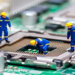 Miniaturowi robotnicy w niebieskich kombinezonach i żółtych kaskach pracują nad gniazdem procesora na płycie głównej komputera.