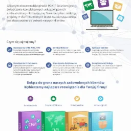 Infografika firmy PDA IT Solutions prezentująca ofertę rozwiązań IT dla biznesu, w tym CRM, WMS, TMS, serwisy webowe, aplikacje mobilne i rozwiązania dedykowane, z pudełkowymi wizualizacjami...