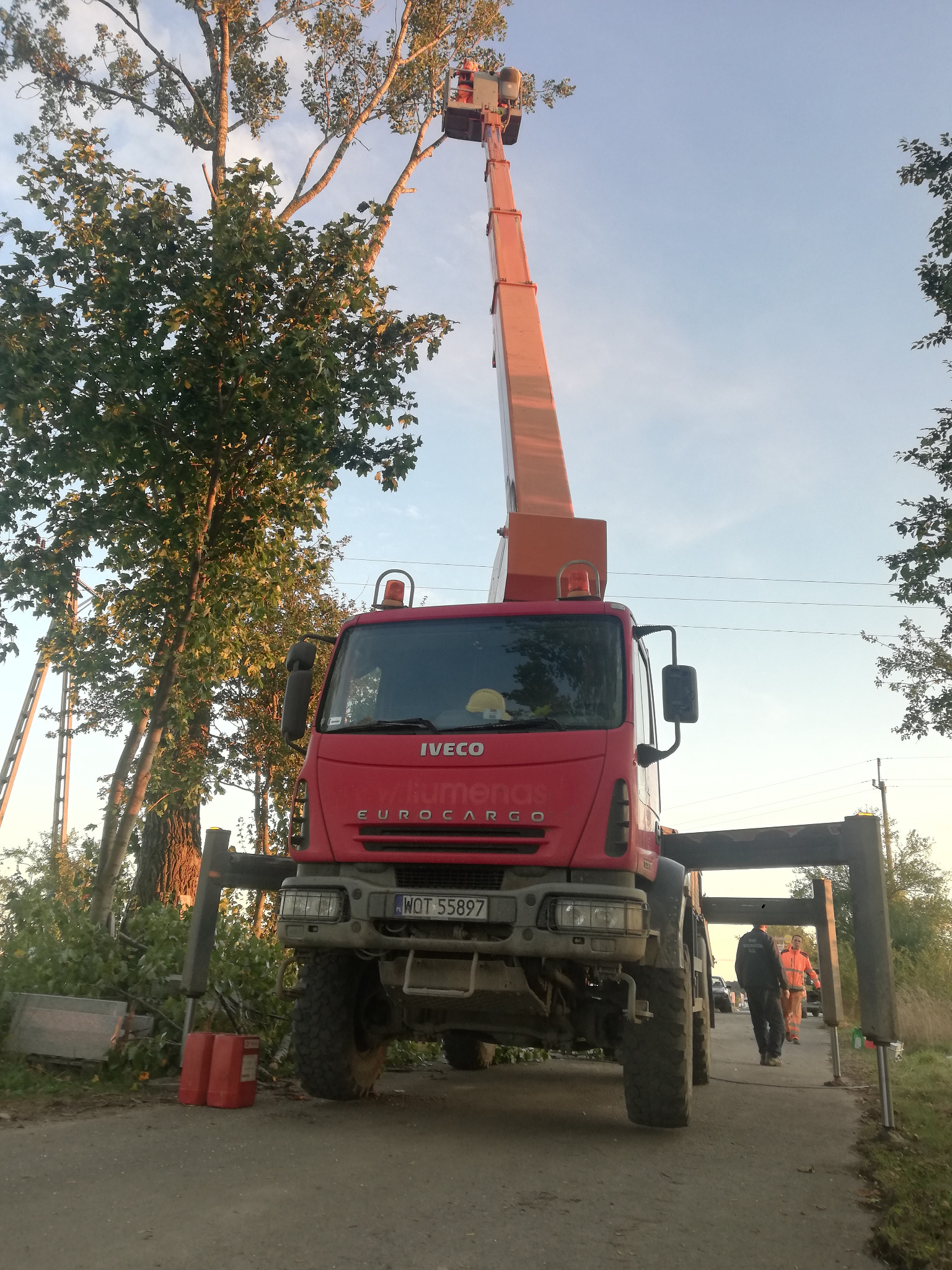 Czerwony samochód ciężarowy z podnośnikiem koszowym tnący gałęzie drzew, widoczne osoby w oddali i tablica rejestracyjna WQT 55897.