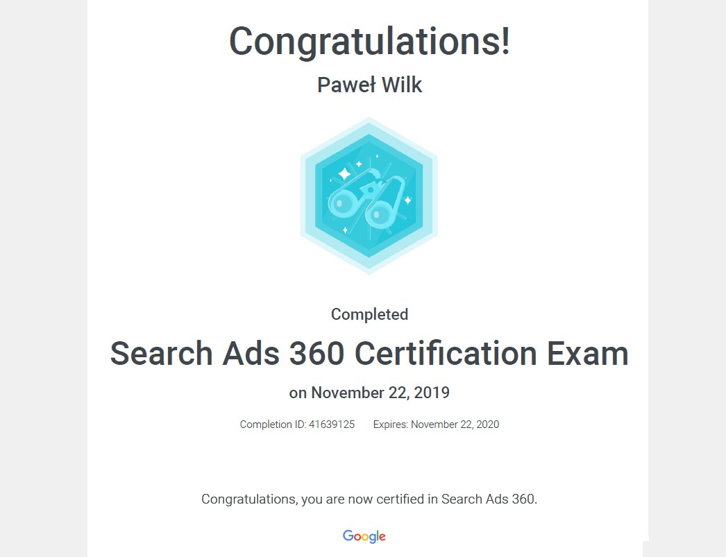 Certyfikat Google Search Ads 360 dla Pawła Wilka, wydany 22 listopada 2019, z logo Google na dole.