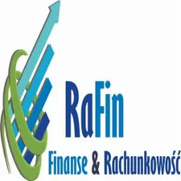 Logo firmy RaFin Finanse & Rachunkowość z trzema niebieskimi słupkami w formie strzałki skierowanej w górę, oplecionej zielonymi pędami.