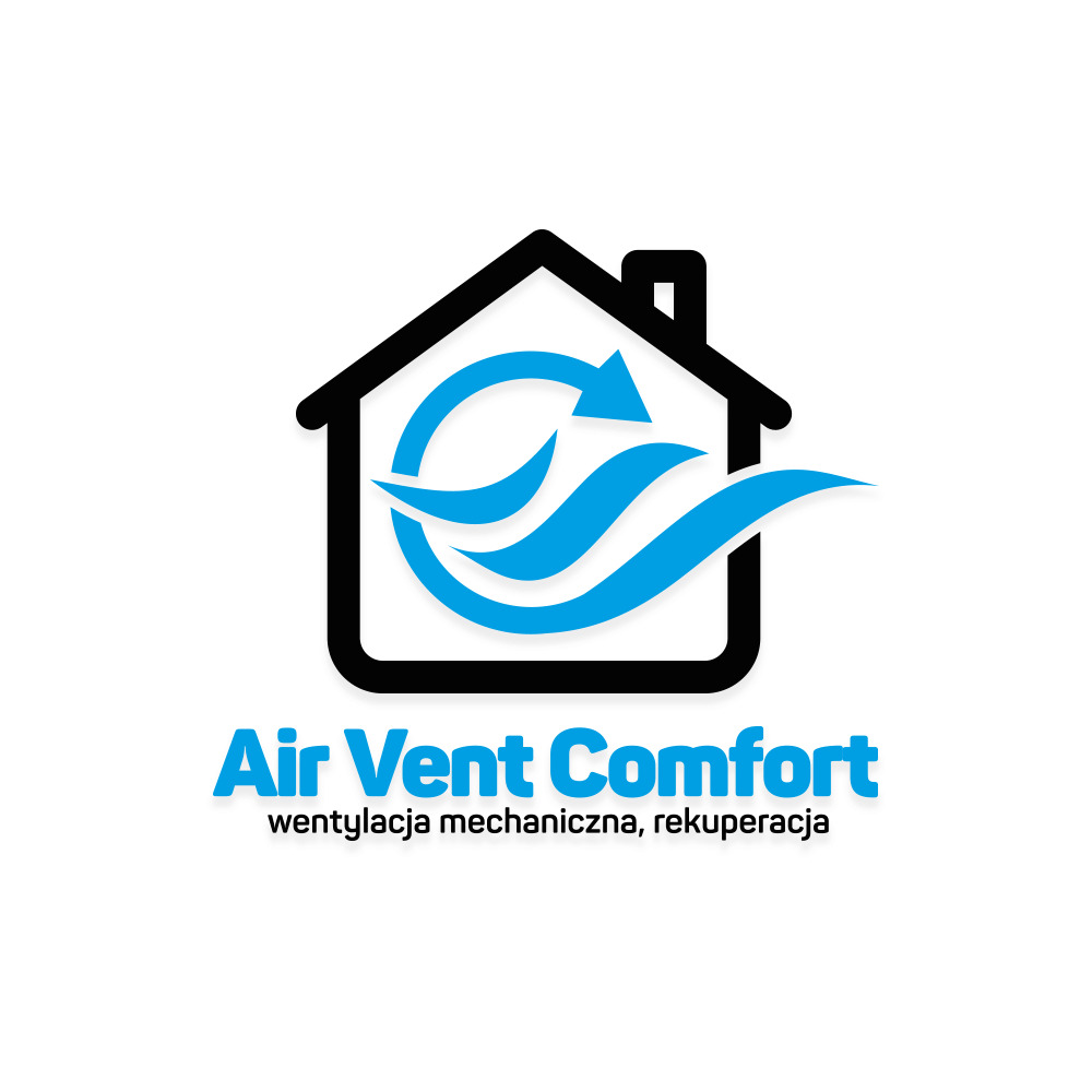 Logo firmy Air Vent Comfort z symbolem domu, strzałką i falami, oferującej wentylację mechaniczną i rekuperację.