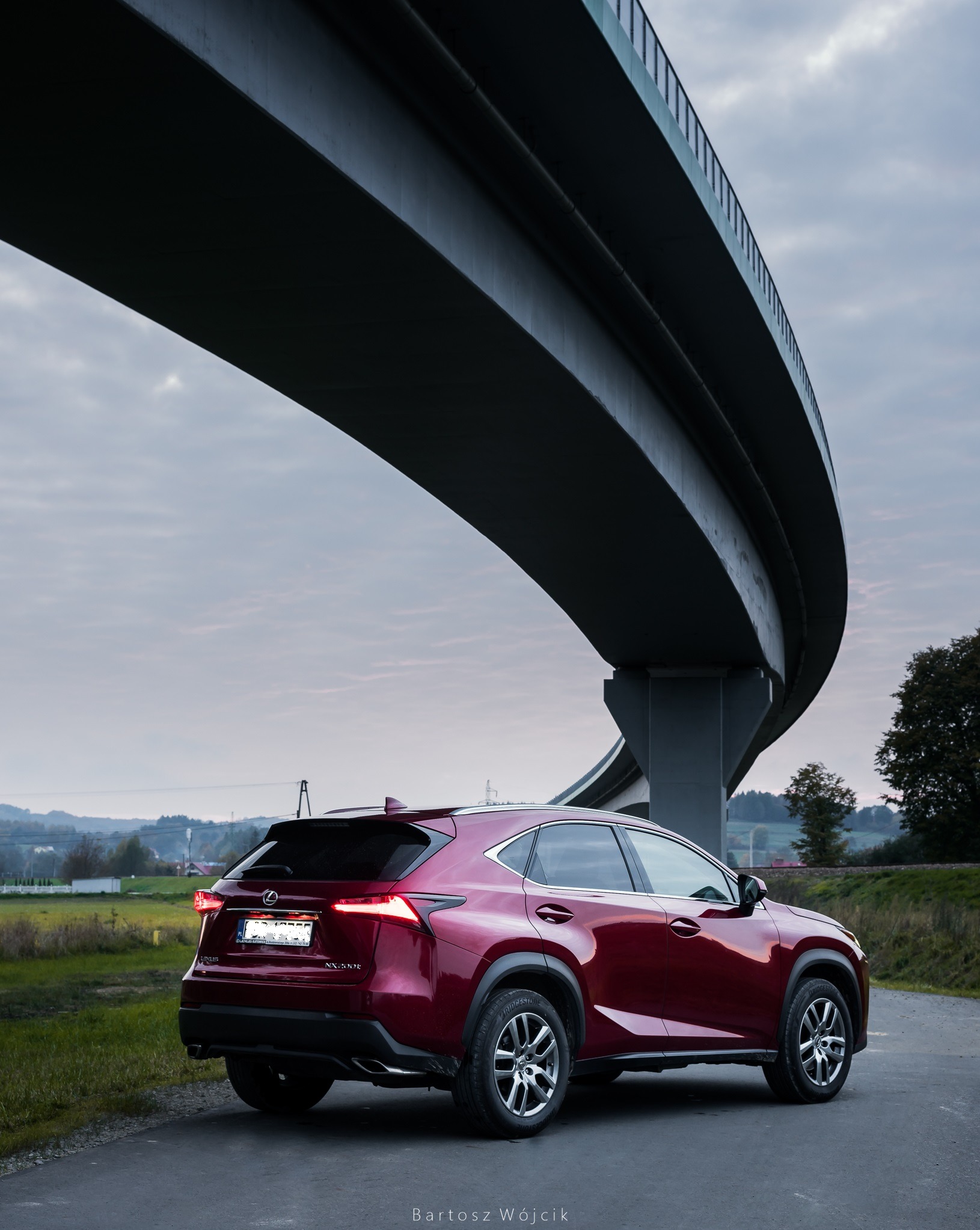 Bordowy Lexus NX 300h sfotografowany od tyłu pod betonowym wiaduktem na tle pochmurnego nieba i zielonych wzgórz.