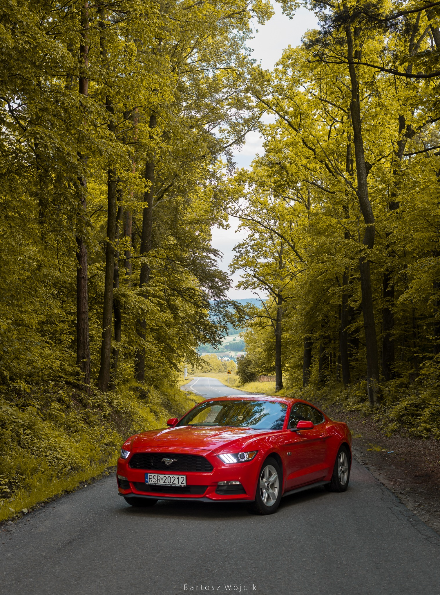 Czerwony Ford Mustang na asfaltowej drodze otoczonej drzewami w jesiennej scenerii, tablica rejestracyjna RSR 20212.