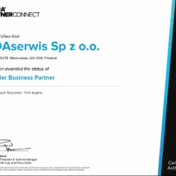 Certyfikat autoryzacji dla PDAserwis Sp z o.o. z Warszawy jako Premier Business Partner Zebra, specjalizującego się w naprawie drukarek i silników druku.