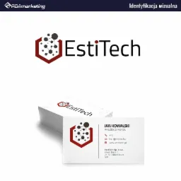 Wizualizacja marki: logo w heksagonie z motywem sieci neuronowej, wizytówki firmowe w stosie i pojedyncza wizytówka z danymi kontaktowymi prezesa zarządu.