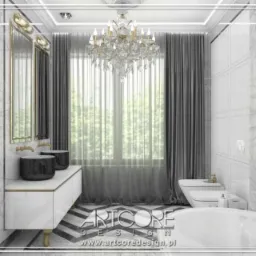 Elegancka łazienka w odcieniach szarości i bieli z marmurowymi akcentami, podwójną umywalką na białej szafce z złotymi nóżkami, kryształowym żyrandolem i dekoracyjną ścianą z plecionki.