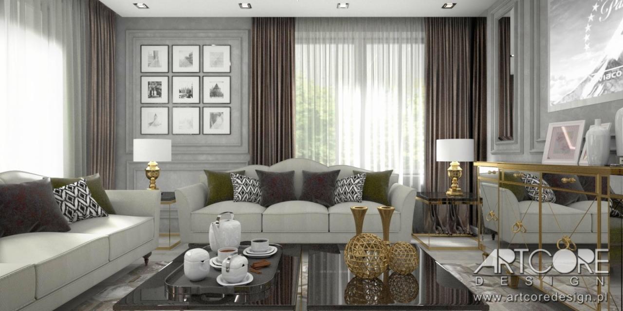 Elegancki salon w Krakowie w odcieniach szarości i beżu, z sofami, stolikiem kawowym z zestawem do herbaty, złotymi lampami i dekoracjami, oraz galerią czarno-białych zdjęć na ścianie.