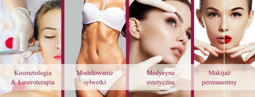 Kompozycja czterech ujęć: zabieg kosmetyczny na twarzy, wymodelowana sylwetka, medycyna estetyczna, makijaż permanentny w Krakowie.