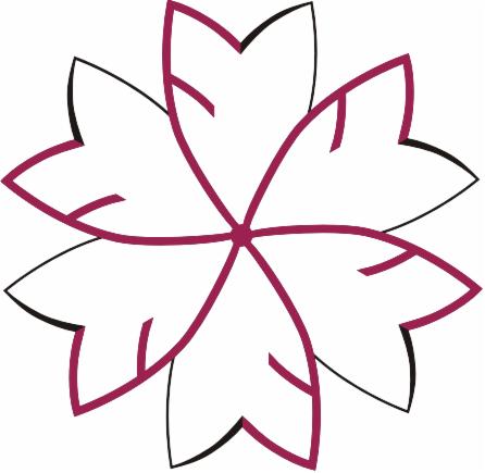 Stylizowany kwiat wiśni z białymi płatkami obrysowanymi czarną linią i bordowymi konturami wewnętrznymi oraz zewnętrznymi.