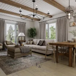 Jasne wnętrze salonu z drewnianym stołem, beżową sofą, dwoma fotelami i pufą na wzorzystym dywanie, oświetlone wiszącymi lampami i naturalnym światłem z okien.