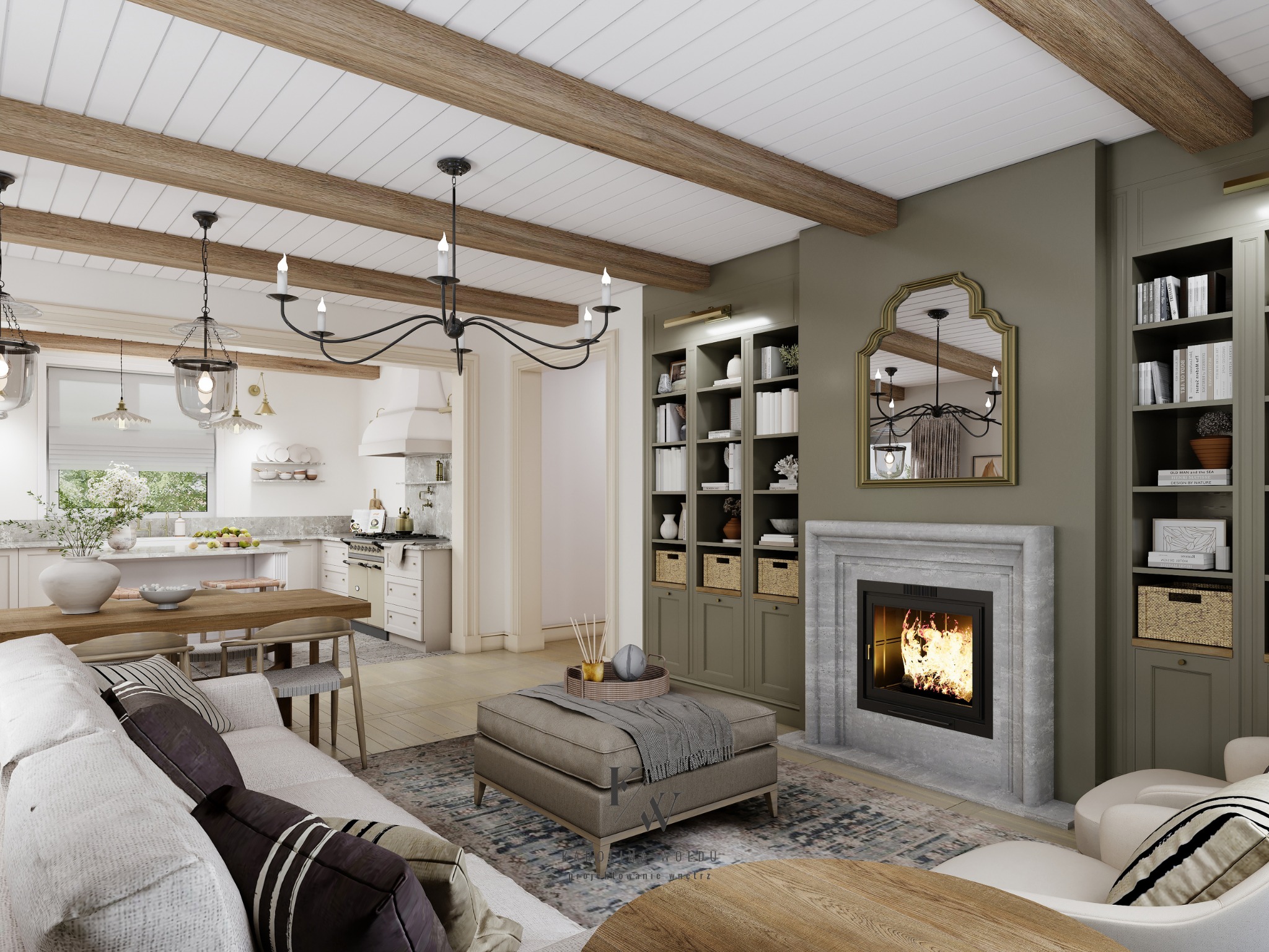 Salon z otwartą kuchnią w stylu farmhouse: drewniane belki stropowe, szary kominek z paleniskiem, zabudowane regały z koszami, sofa z poduszkami i dywan w odcieniach niebieskiego.