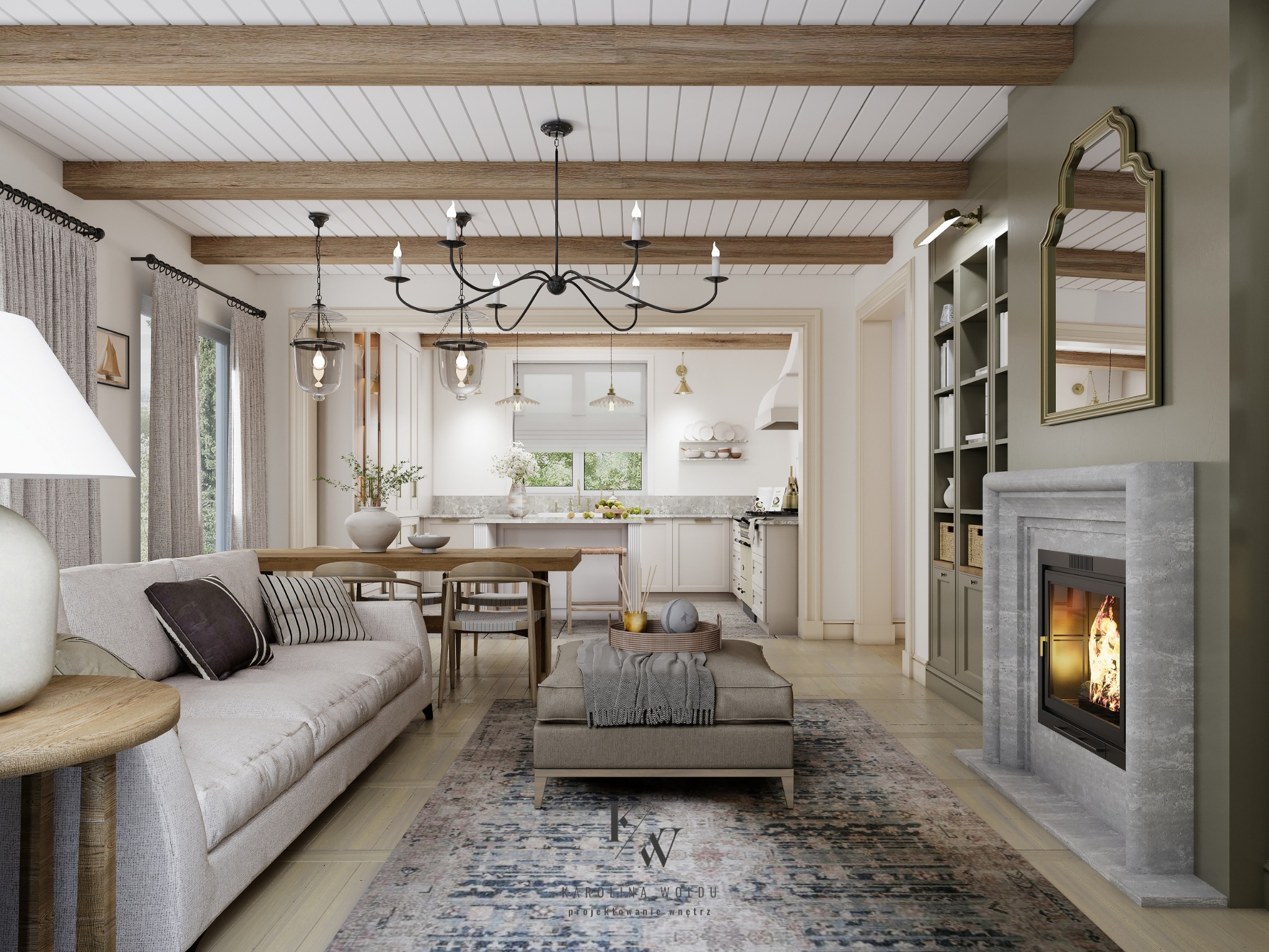 Jasne wnętrze domu z otwartą kuchnią, drewnianym stołem, szarą sofą z poduszkami, kominkiem z płomieniem i dywanem w stylu vintage.