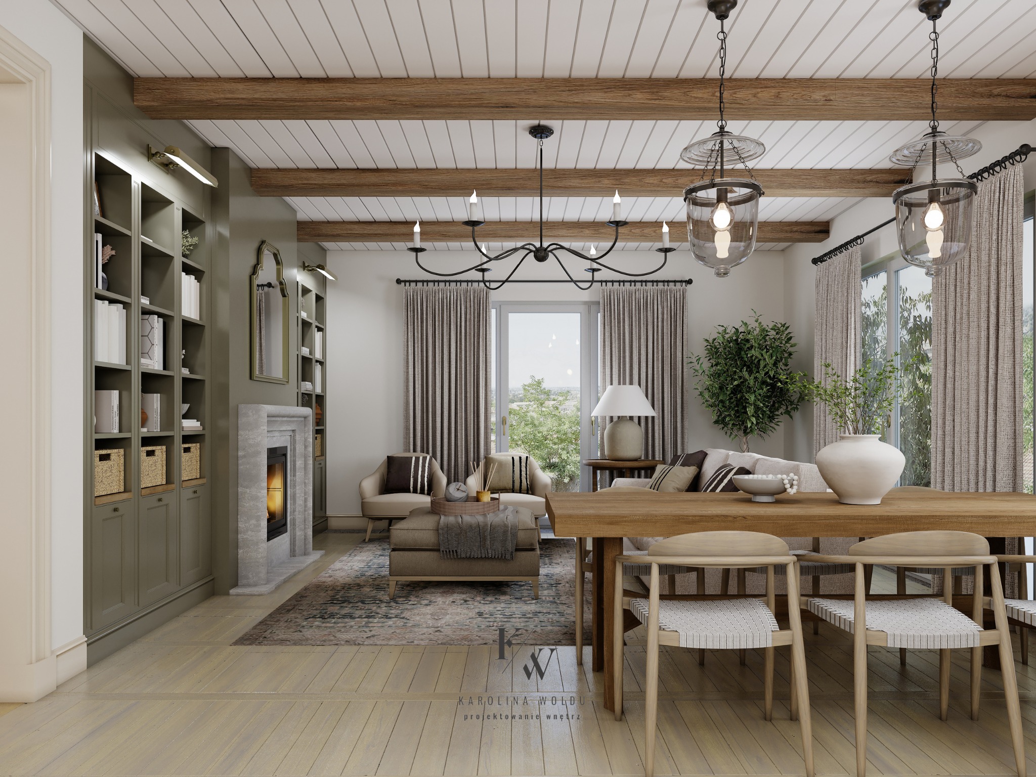 Jasne wnętrze salonu z jadalnią w stylu rustykalnym: drewniany stół, krzesła z plecionką, kominek, regał z książkami, dywan w orientalny wzór i lampy wiszące.