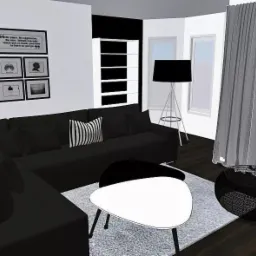Wizualizacja minimalistycznego salonu z czarną, narożną sofą, białym stolikiem kawowym o nieregularnym kształcie i galerią czarno-białych grafik na ścianie, oświetlonego lampą podłogową na trójnogu.