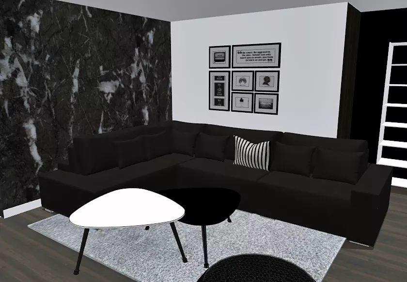 Wizualizacja salonu w czerni i bieli: narożna sofa, stoliki kawowe o różnych kształtach i wzorzysta ściana z efektem marmuru.