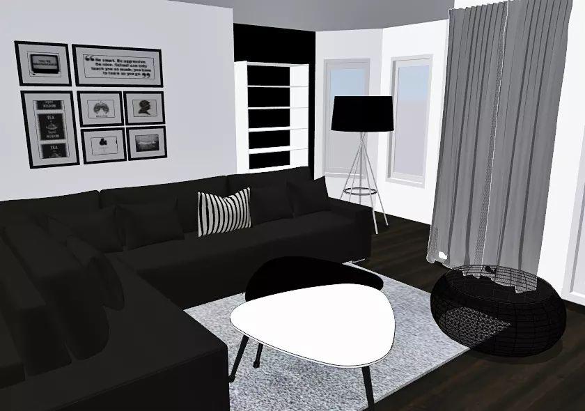 Wizualizacja minimalistycznego salonu z czarną, narożną sofą, białym stolikiem kawowym o nieregularnym kształcie i galerią czarno-białych grafik na ścianie, oświetlonego lampą podłogową na trójnogu.