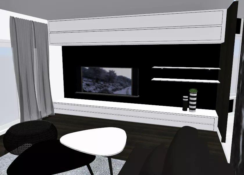 Wizualizacja salonu z czarną ścianą medialną, białymi półkami i szafkami, telewizorem wyświetlającym krajobraz, szarymi zasłonami i stolikami kawowymi w odcieniach czerni i bieli.