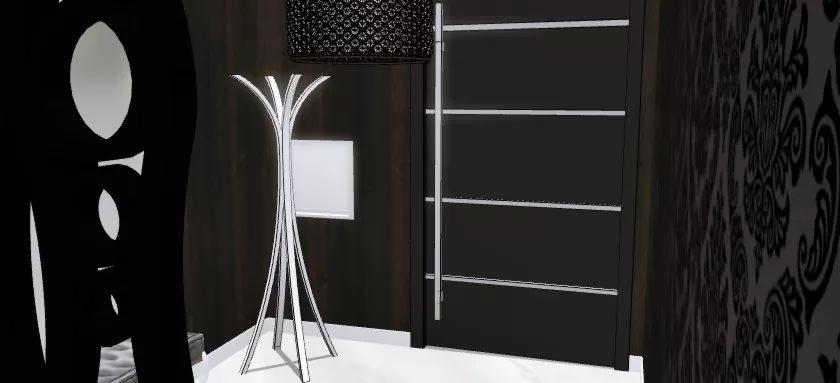 Nowoczesny przedpokój z czarnymi ścianami, wzorzystą tapetą, minimalistycznym wieszakiem na ubrania w kształcie drzewa, czarną lampą z ażurowym kloszem i czarnymi drzwiami z poziomymi, srebrnymi...