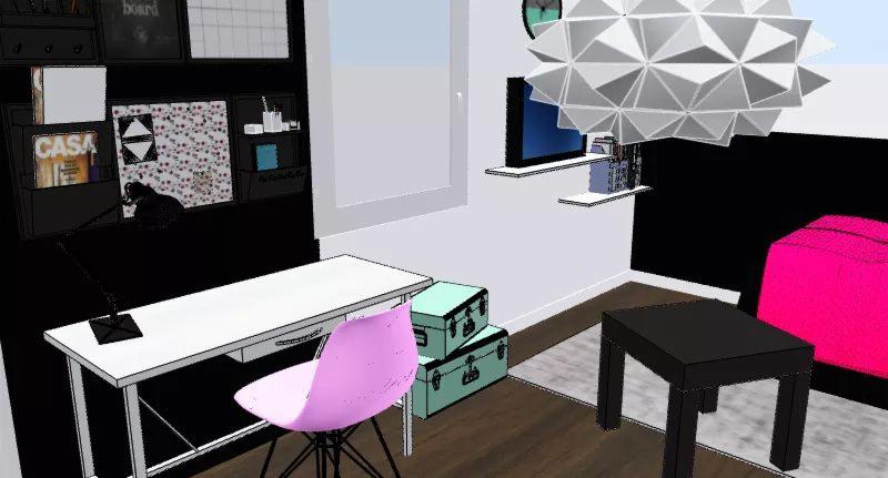 Wizualizacja pokoju z białym biurkiem, różowym krzesłem, czarną ścianą z półkami, ozdobną lampą sufitową i turkusowymi kuframi.