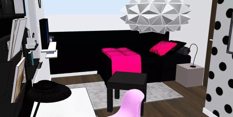 Wizualizacja pokoju z czarnym łóżkiem, różowymi akcentami, geometryczną lampą i ścianą w grochy, widziana z perspektywy osoby siedzącej przy biurku.