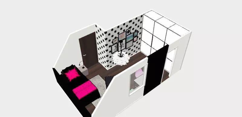 Wizualizacja 3D pokoju z czarnymi meblami i akcentami w kolorze fuksji, ściana w czarno-białe kropki, galeria obrazków, lampa w kształcie rozety, okno z widokiem na biurko.