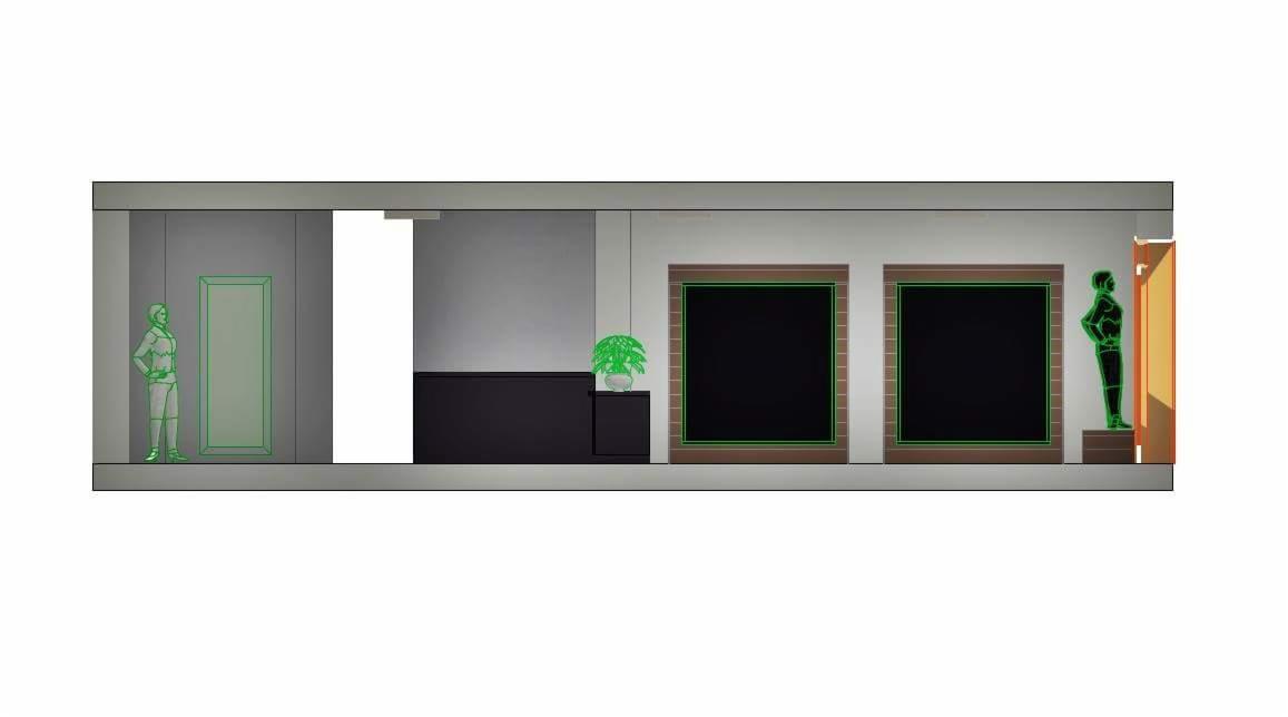 Wizualizacja biura z dwoma oknami, rośliną doniczkową i schematycznymi postaciami ludzi w kolorze zielonym.