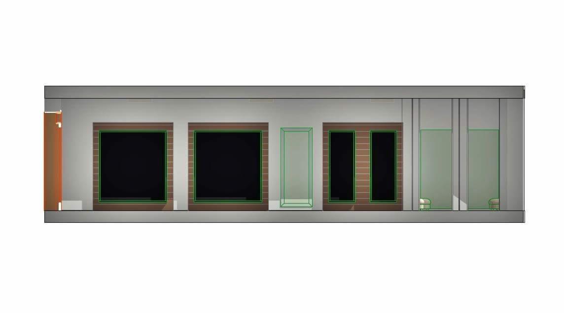 Wizualizacja 3D ściany z oknami i drzwiami balkonowymi w biurze, z widocznymi elementami wykończenia i meblami w tle.