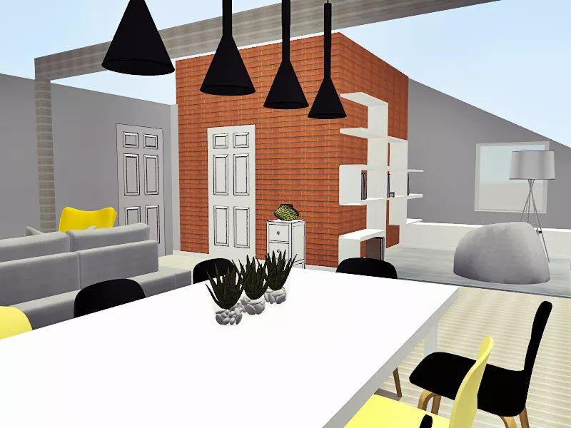 Wizualizacja wnętrza z ceglaną ścianą, białym regałem i stołem jadalnym z trzema sukulentami w doniczkach na blacie, czarne lampy wiszące nad stołem.