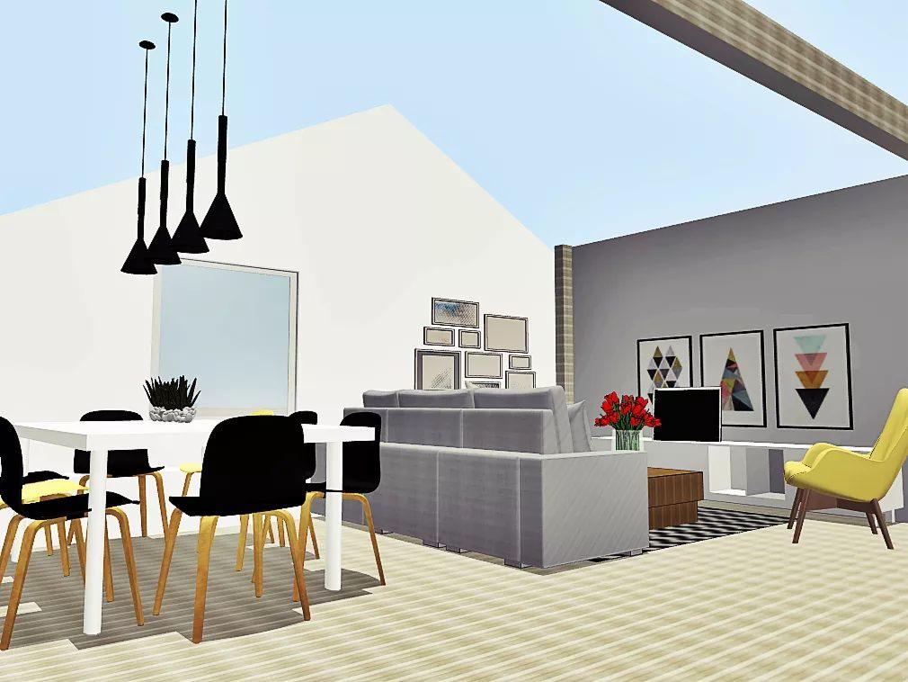 Wizualizacja salonu z jadalnią: biały stół z czarnymi krzesłami, szara sofa, żółty fotel, czarne lampy wiszące i geometryczne obrazy na ścianie.
