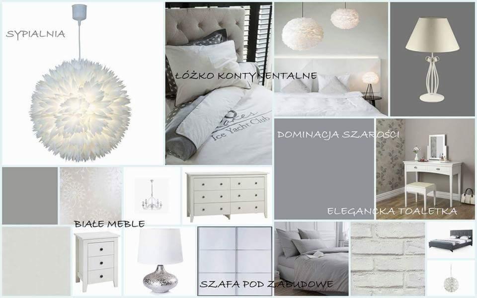Moodboard inspiracji sypialni w odcieniach bieli i szarości, prezentujący oświetlenie, łóżko kontynentalne, komodę, szafę w zabudowie, toaletkę oraz paletę kolorystyczną.