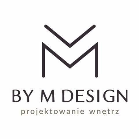 Logo firmy BY M DESIGN z minimalistycznym symbolem graficznym przypominającym literę M i napisem 'projektowanie wnętrz' poniżej.