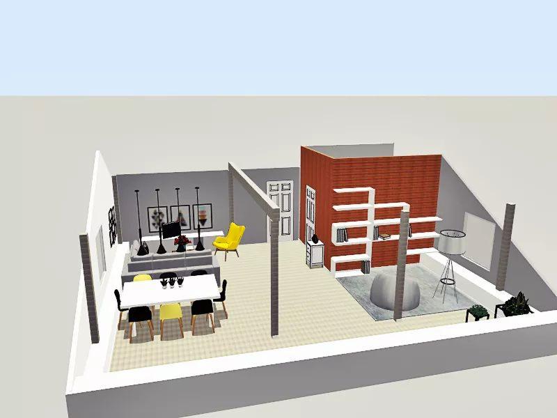 Wizualizacja 3D otwartej przestrzeni mieszkania z ceglaną ścianą, białymi półkami, szarą pufą, stołem z krzesłami i żółtym fotelem, ukazana z perspektywy top-down.