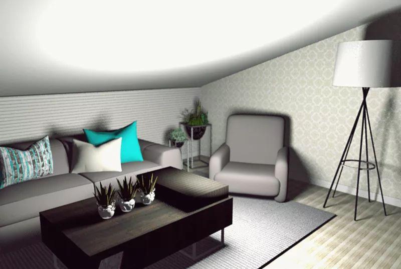 Aranżacja salonu na poddaszu ze skośnym sufitem: szara sofa z turkusowymi i wzorzystymi poduszkami, ciemny stolik kawowy z trzema sukulentami w białych doniczkach, szary fotel, lampa podłogowa...