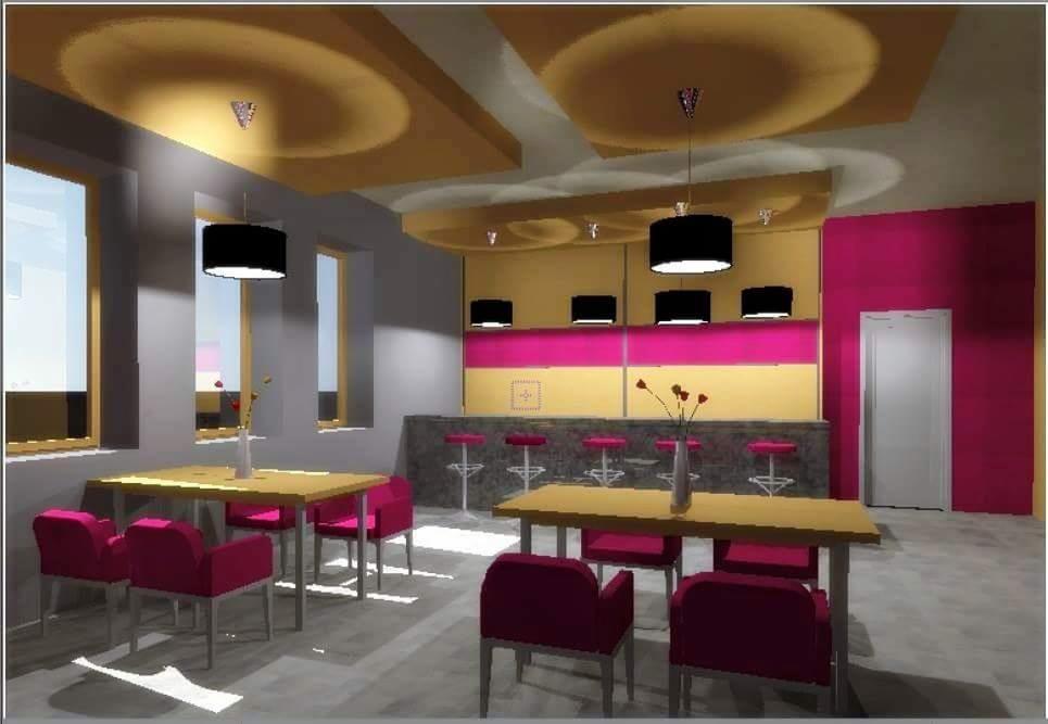 Wizualizacja wnętrza kawiarni z barowym stołem, krzesłami w kolorze fuksji i geometrycznym oświetleniem sufitowym.