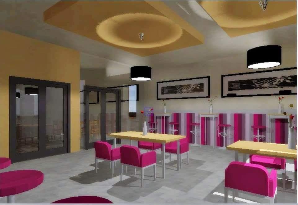 Wizualizacja wnętrza biura z żółtymi ścianami, ciemnoszarymi drzwiami, jasnymi stołami i różowymi krzesłami, uzupełniona czarnymi lampami i dekoracyjnymi obrazami.