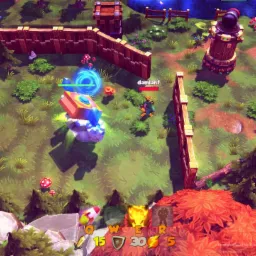 Widok z góry na rozgrywkę w grę strategiczną z elementami fantasy, ukazujący postacie, budowle i interfejs użytkownika.