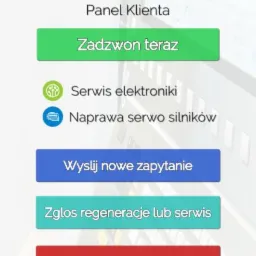 Ekran panelu klienta Centrum Regeneracji z przyciskami: Zadzwon teraz, Serwis elektroniki, Naprawa serwo silników, Wyślij nowe zapytanie, Zgłoś regeneracje lub serwis, Sprawdź swoje zapytanie.