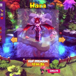 Grafika 3D przedstawiająca postać kobiecą z czerwonymi skrzydłami i rogami, stojącą na platformie z efektem wodnym w fantastycznym lesie, otoczoną przez inne postacie i elementy interfejsu gry.