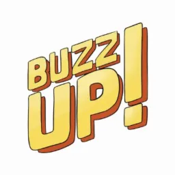 Stylizowany napis 'BUZZ UP!' w żółto-pomarańczowej kolorystyce, z efektem 3D i białym tłem.