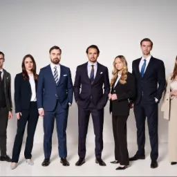 Zespół prawników w garniturach, stojący na białym tle. Różnorodność stylów i kolorów garniturów, od tweedowych po klasyczne granatowe i beżowe, tworzy profesjonalny wizerunek.