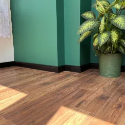 Ułożona podłoga z paneli imitujących drewno, widoczne ciemne listwy przypodłogowe, zielona ściana i roślina doniczkowa w tle, jasny promień światła na podłodze.