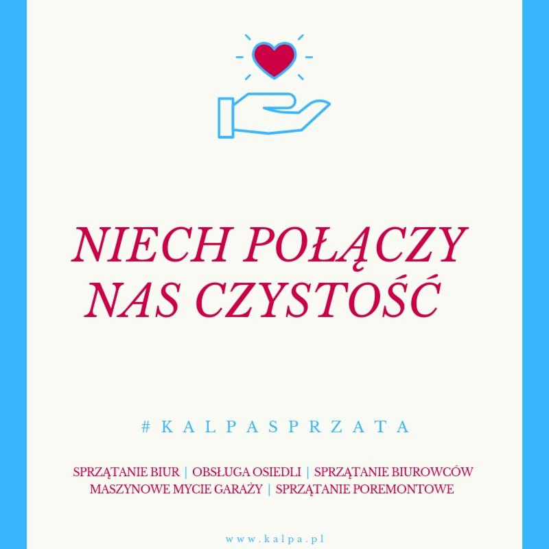 Grafika reklamowa firmy sprzątającej z hasłem 'Niech połączy nas czystość', stylizowana dłoń trzymająca serce, hashtag #KALPASPRZATA i lista oferowanych usług.
