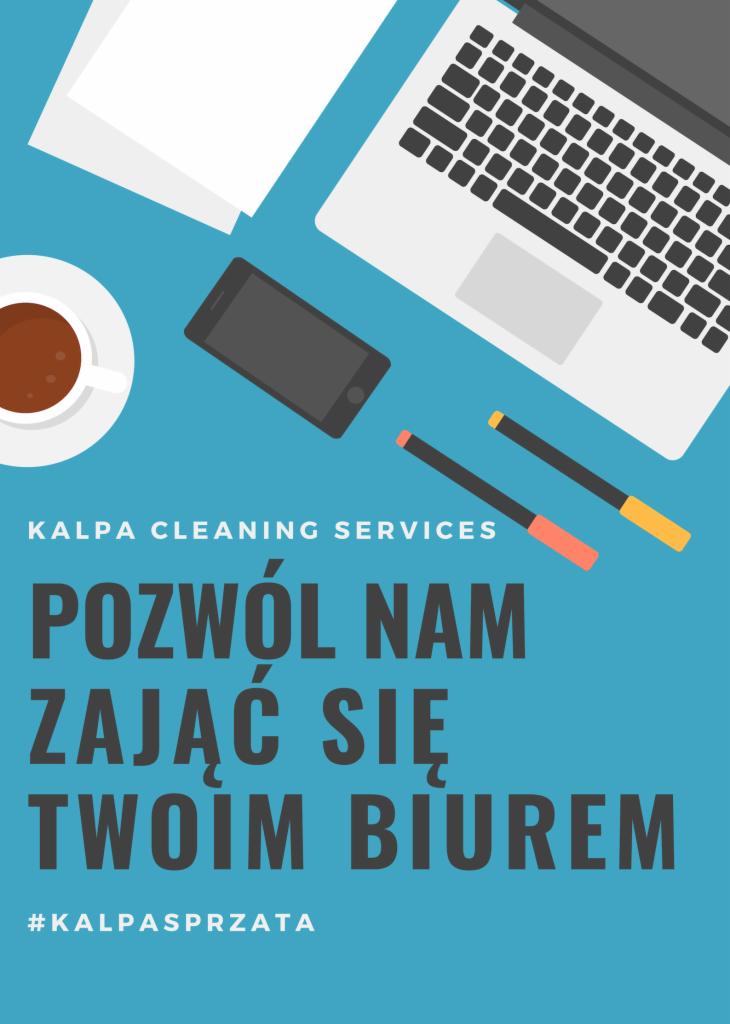 Grafika reklamowa firmy sprzątającej biura: widok z góry na biurko z laptopem, telefonem, kawą i napis 'Pozwól nam zająć się Twoim biurem'.