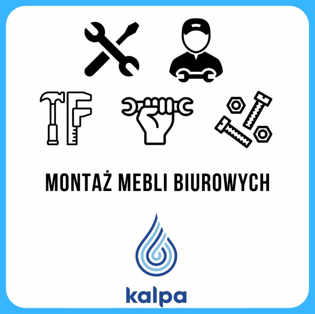 Grafika wektorowa przedstawiająca montaż mebli biurowych, z ikonami narzędzi, śrub i nakrętek oraz logo firmy Kalpa w niebieskiej ramce.