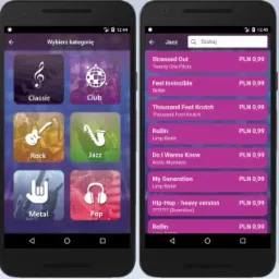 Ekran smartfona prezentujący interfejs mobilnej aplikacji JukeBox z menu głównym, wyborem kategorii muzycznych (Classic, Club, Rock, Jazz, Metal, Pop) oraz listą odtwarzanych i kolejnych utworów.