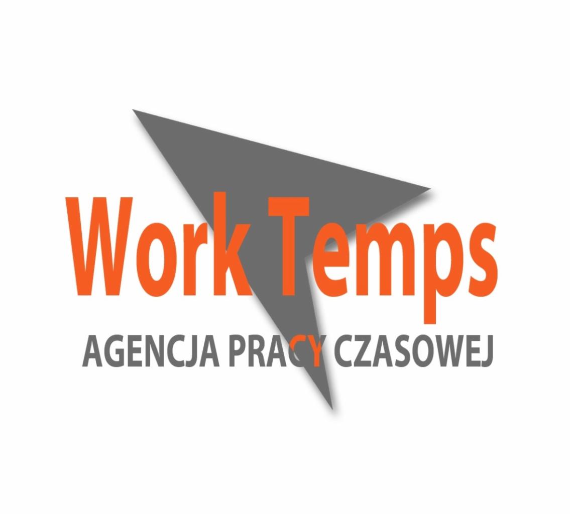 Logo firmy Work Temps, agencji pracy czasowej, z pomarańczowym napisem i szarym trójkątnym elementem graficznym.