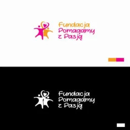 Cztery warianty logo Fundacji Pomagamy z Pasją: kolorowe (różowo-pomarańczowe) na jasnym tle, kolorowe na białym tle, czarno-białe na czarnym tle i czarno-białe na białym tle. Logo przedstawia dwie...