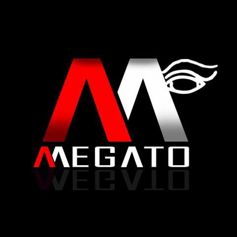 Logo firmy Megato z symbolem oka, czerwono-białe litery M na czarnym tle z odbiciem.